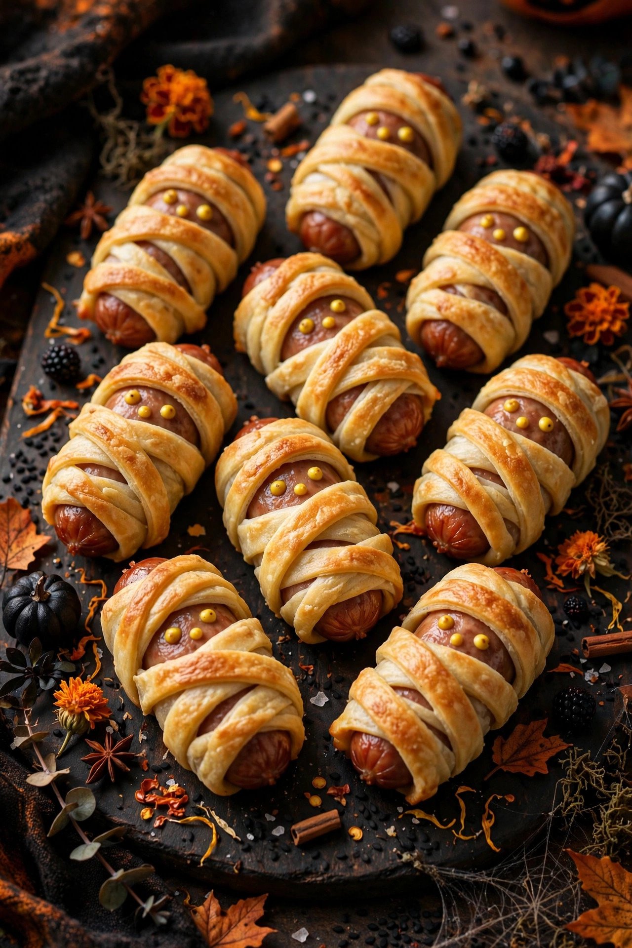 Mummy cocktail sausages wrapped in dough with mustard eyes — easy Halloween appetizers