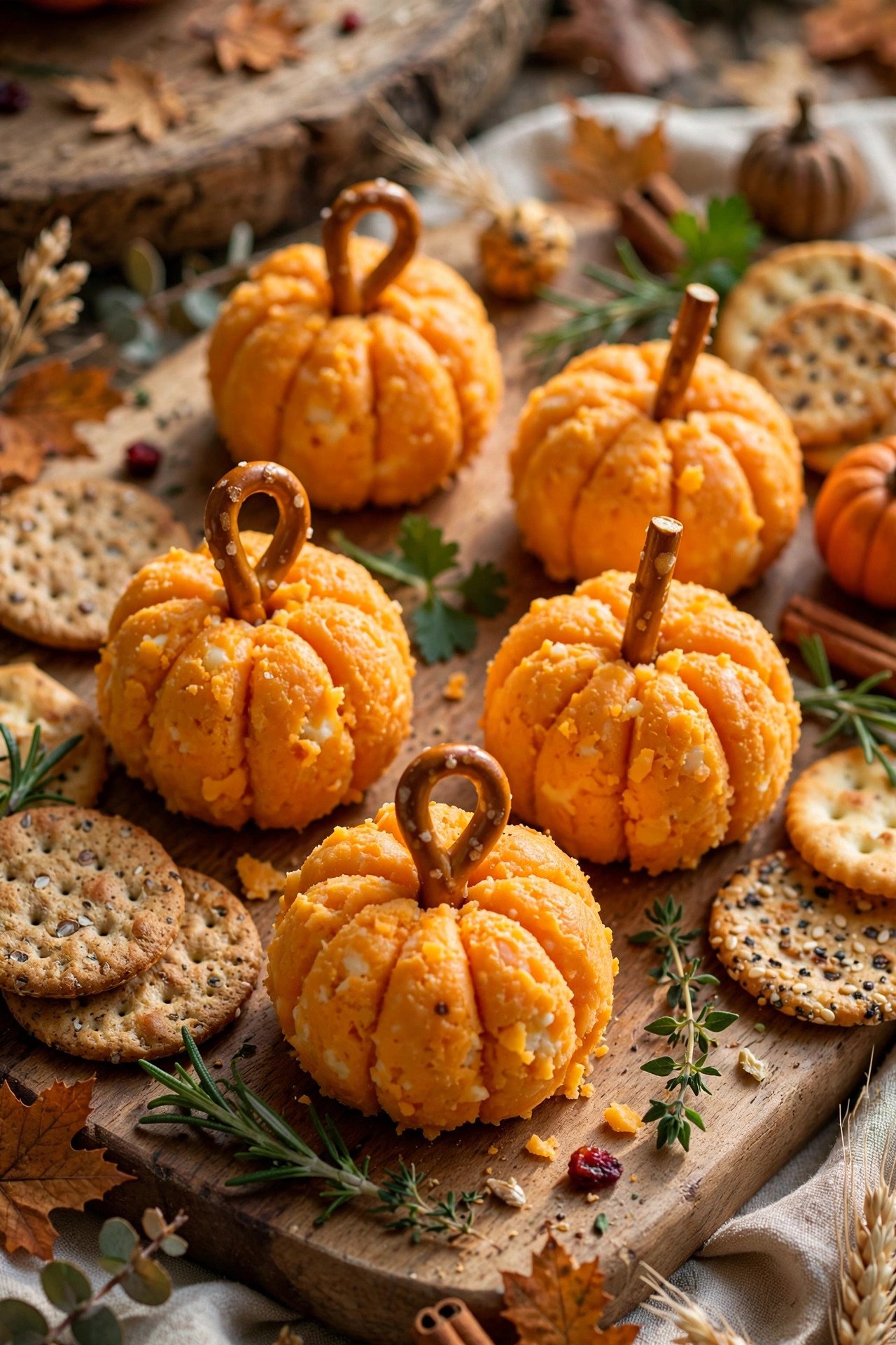 Mini pumpkin-shaped cheese balls with pretzel stems and crackers on a Halloween appetizer board