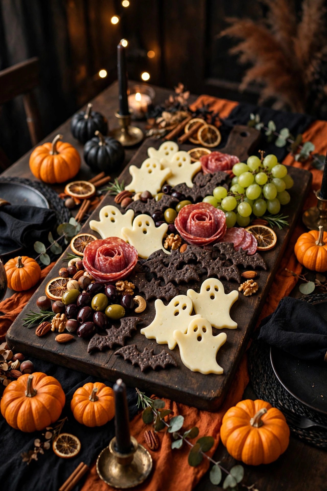 Halloween grazing board with ghost cheese shapes, bat crackers, and spooky appetizers
