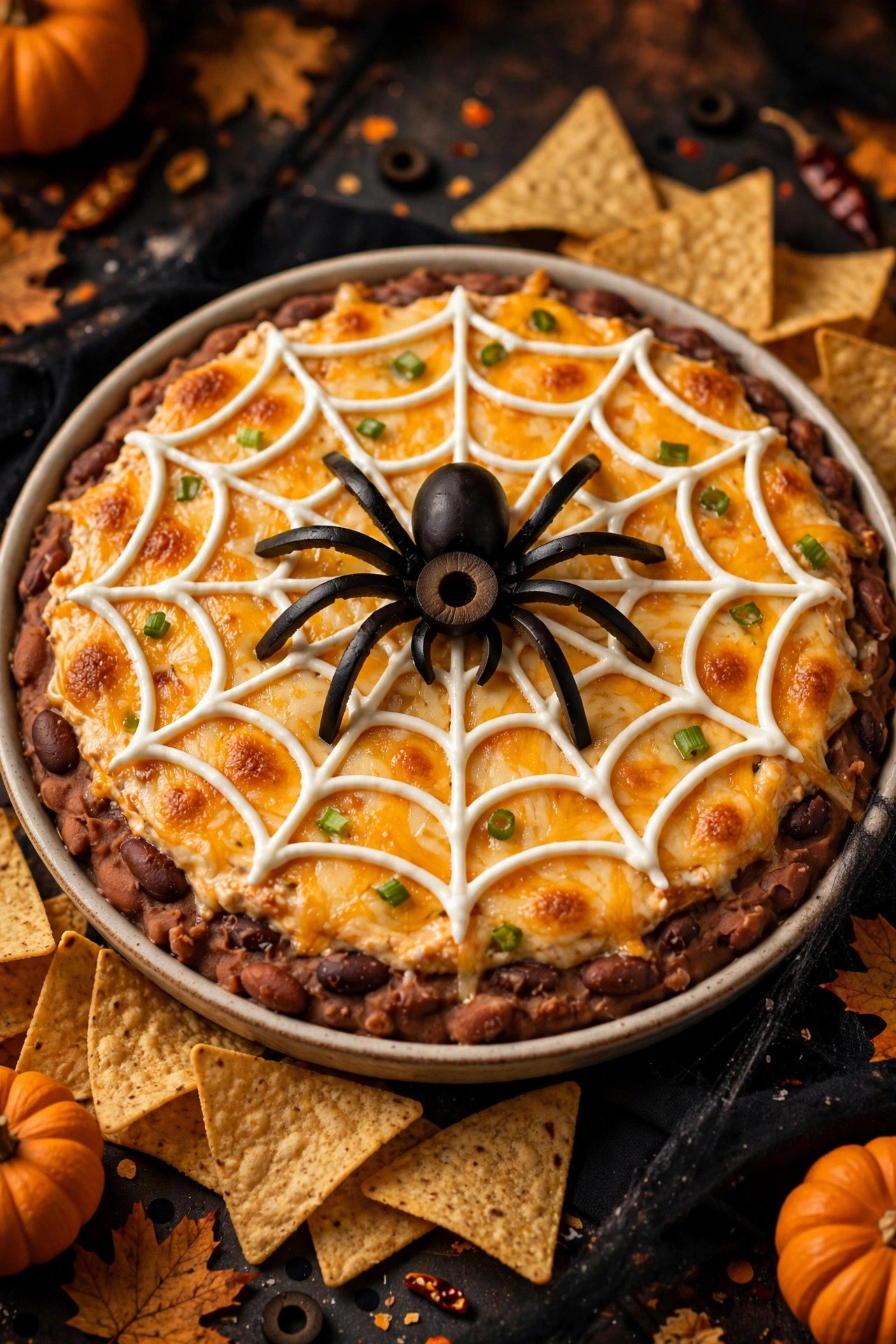 Spiderweb taco dip with sour cream web and olive spider — easy Halloween appetizers