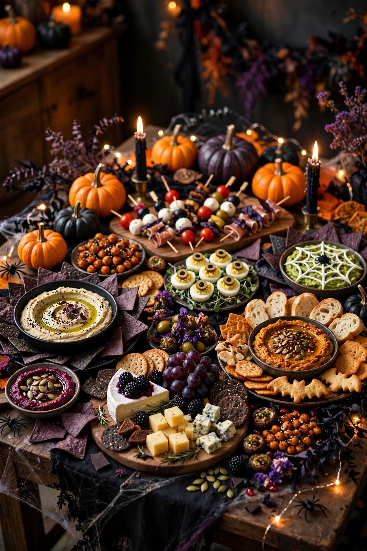 Halloween party buffet table filled with assorted spooky appetizers, pumpkins, and candlelight